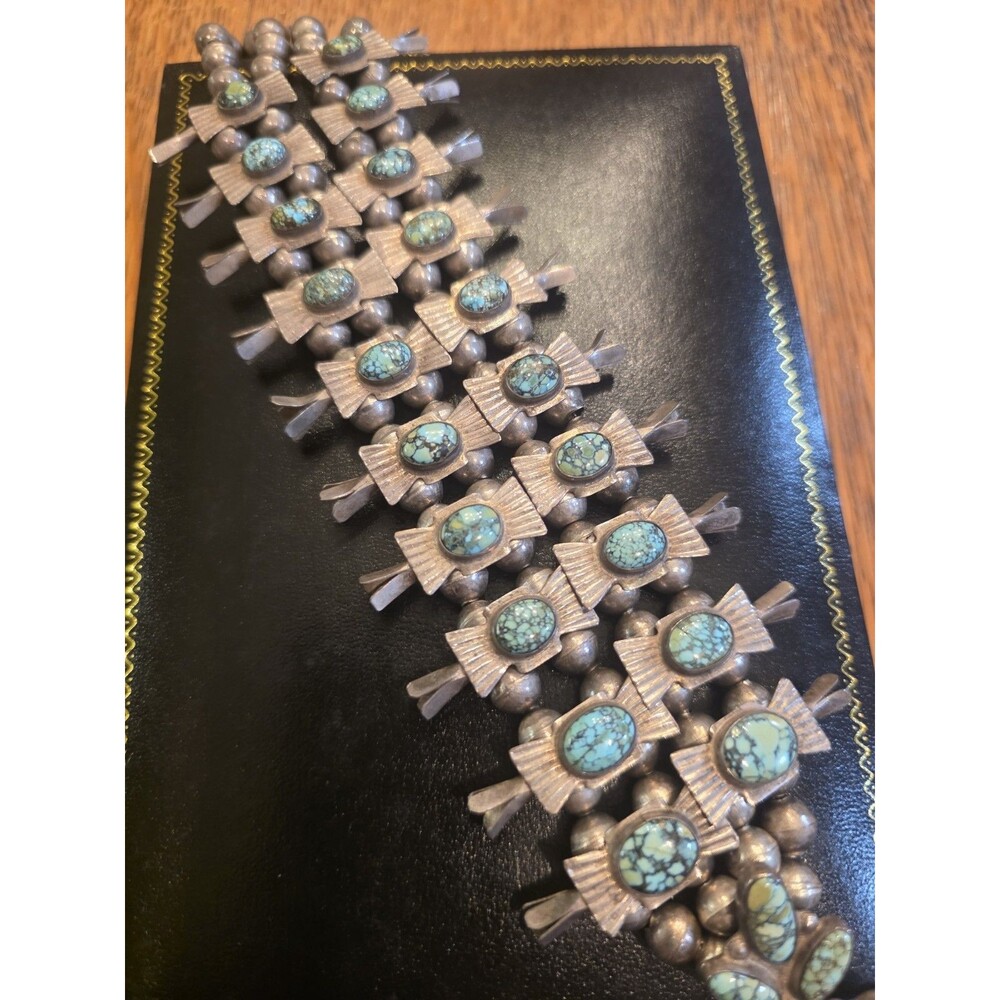 Navajo Bowtie Squash Blossom Spider Web Blue Turquoise Necklace -VINTAGE- SILVER - Picture 5 of 12